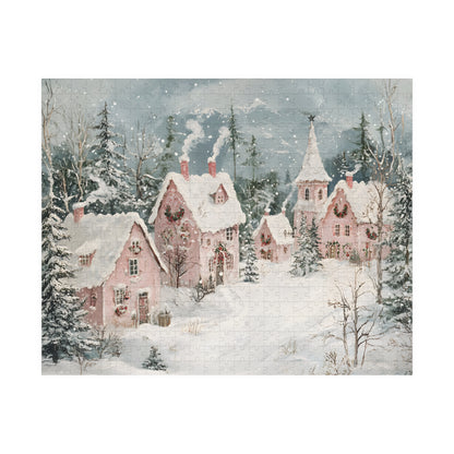 Whimsical Winter Fantasy with Snowy Pink Houses Jigsaw Puzzle