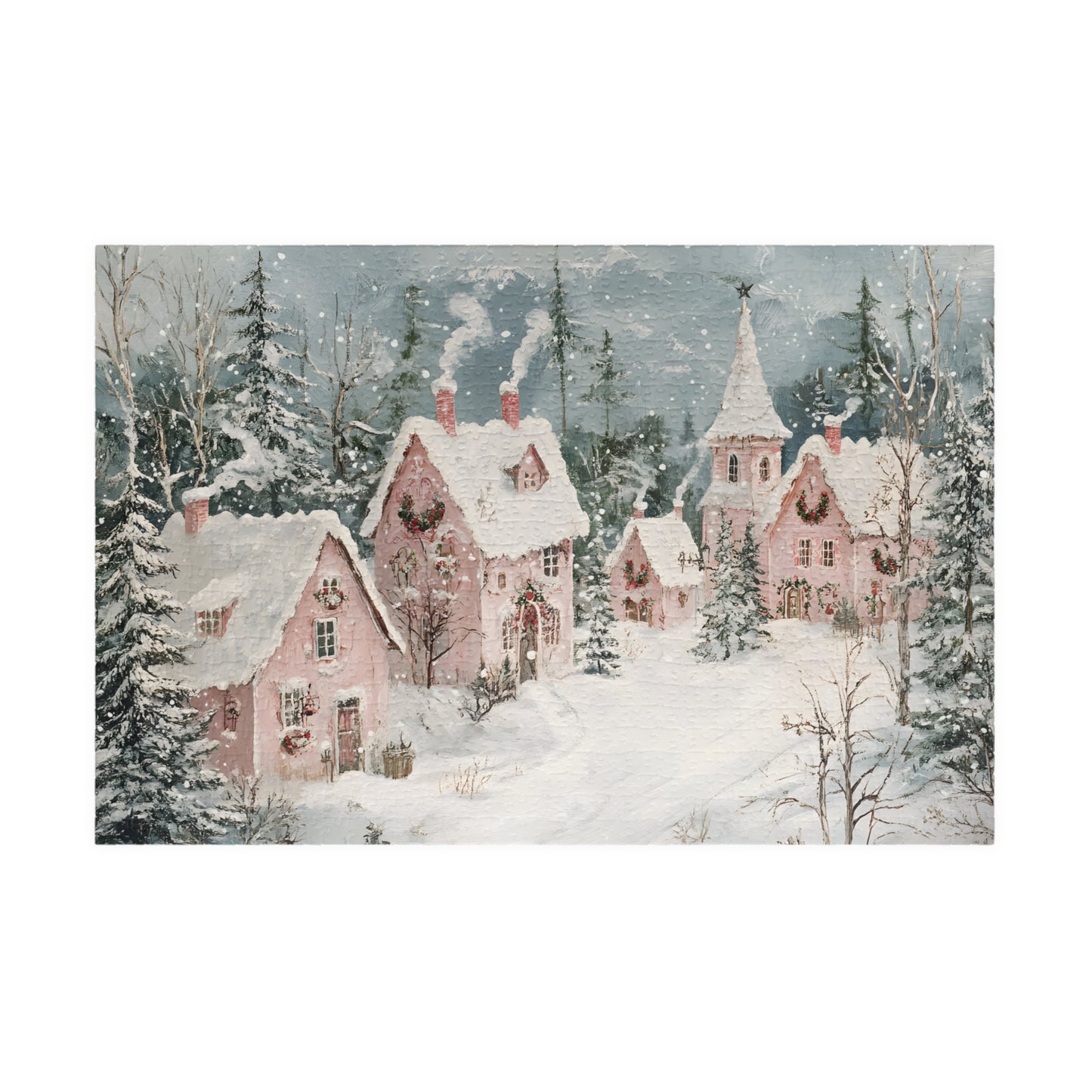 Whimsical Winter Fantasy with Snowy Pink Houses Jigsaw Puzzle