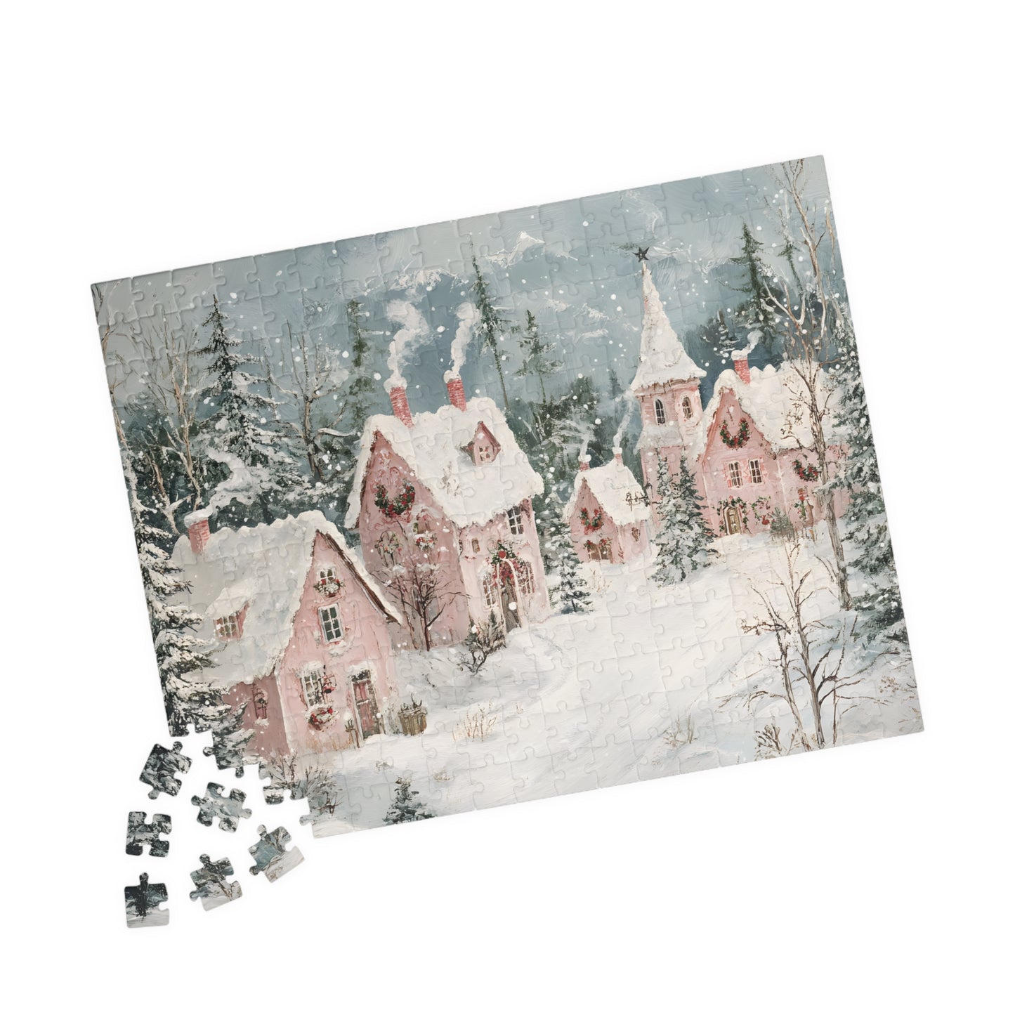 Whimsical Winter Fantasy with Snowy Pink Houses Jigsaw Puzzle