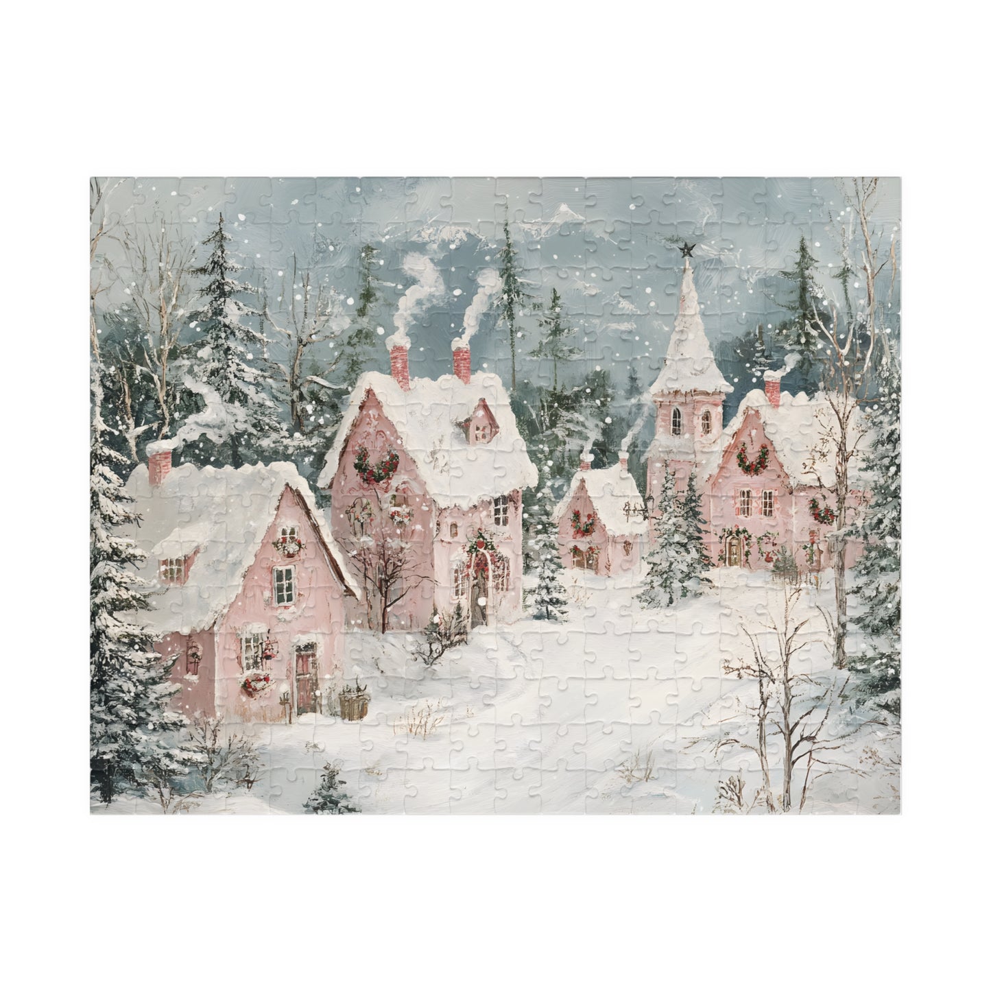 Whimsical Winter Fantasy with Snowy Pink Houses Jigsaw Puzzle