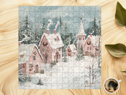 Whimsical Winter Fantasy with Snowy Pink Houses Jigsaw Puzzle