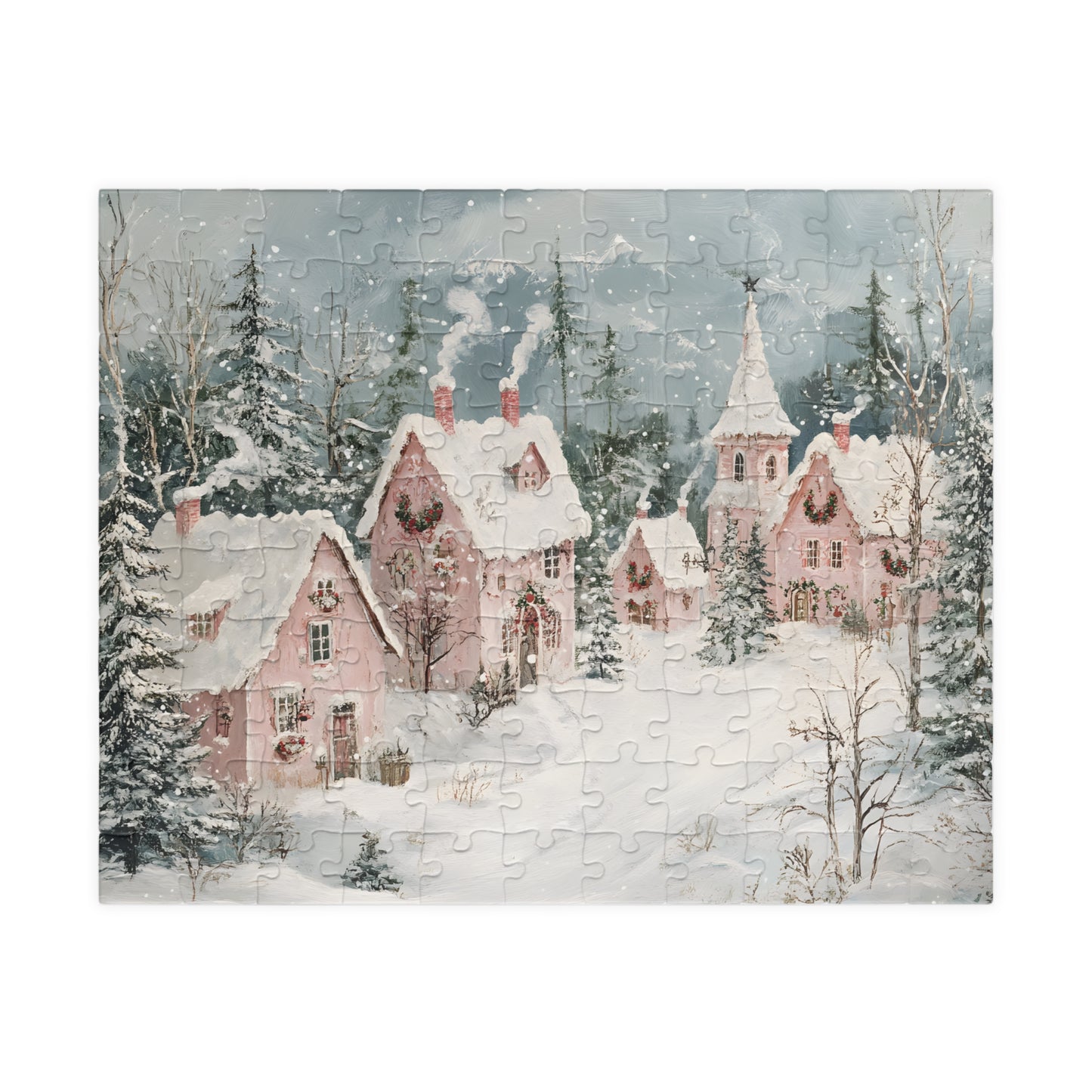 Whimsical Winter Fantasy with Snowy Pink Houses Jigsaw Puzzle